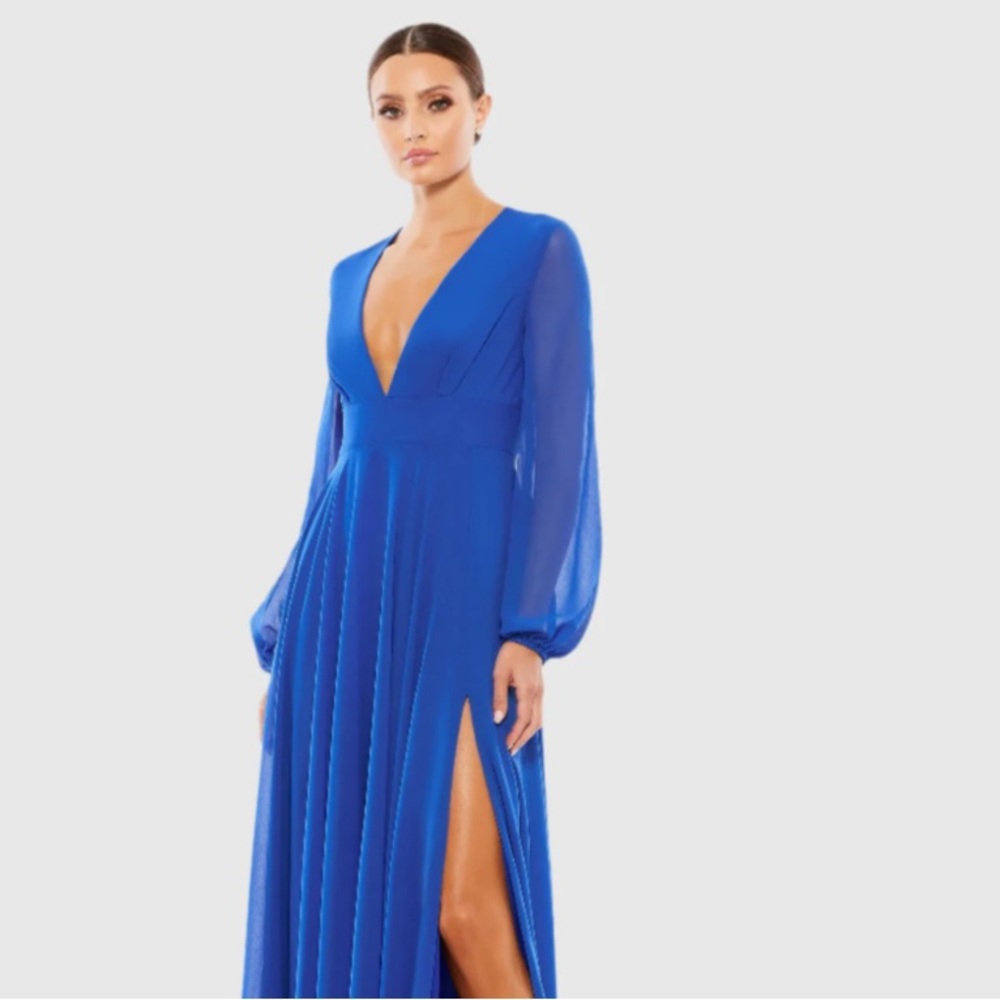 Ieena for Mac Duggal • 556821 Royal Blue Long Sheer Bishop Sleeve High Slit
